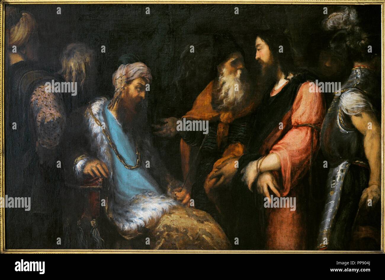Il Nuovo Testamento. Gesù prima di Erode. Il dipinto di Andrea Meldolla chiamato Schiavone (circa 1520-1563). Collezione borbonica. Museo Nazionale di Capodimonte. Napoli. L'Italia. Foto Stock