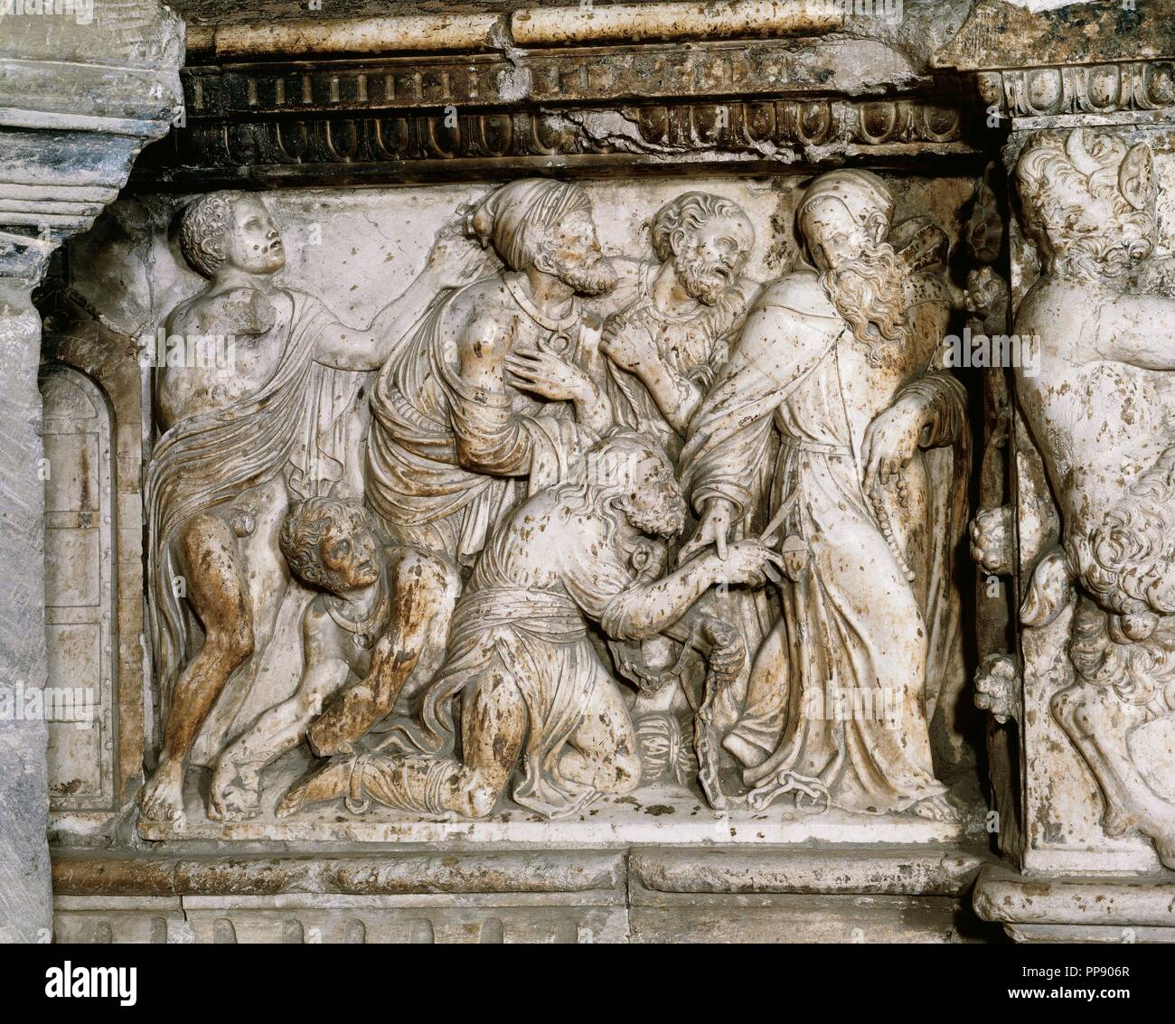 Damia Forment (1480-1540). Scultore Spagnolo. Cattedrale di Santo Domingo de la Calzada. Pala principale, 1537-40. Dettaglio. San Domenico di rilasciare i prigionieri. Spagna. Foto Stock