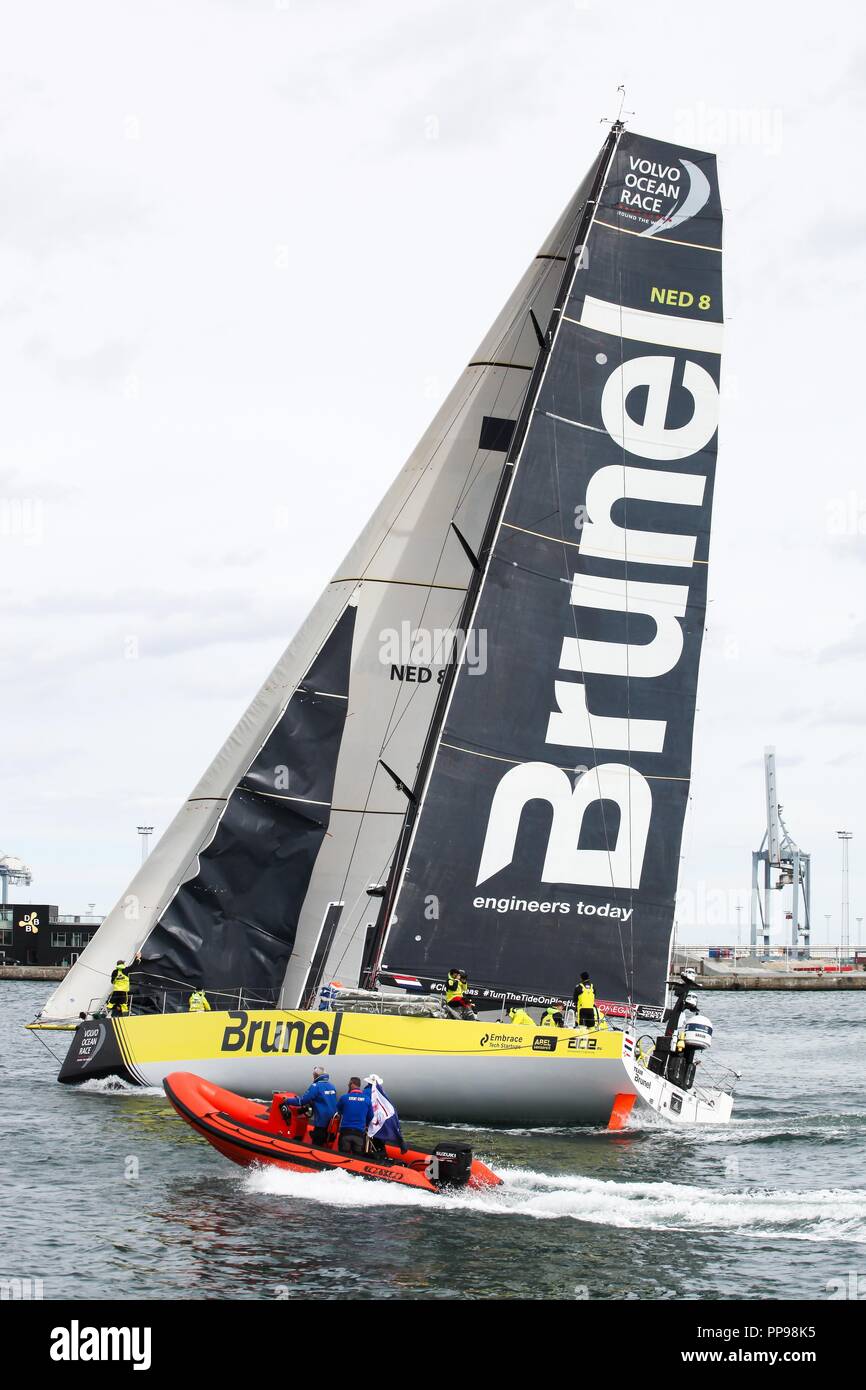 Aarhus, Danimarca - 22 Giugno 2018: Volvo Ocean Race con il team Brunel nel porto di Aarhus in Danimarca Foto Stock