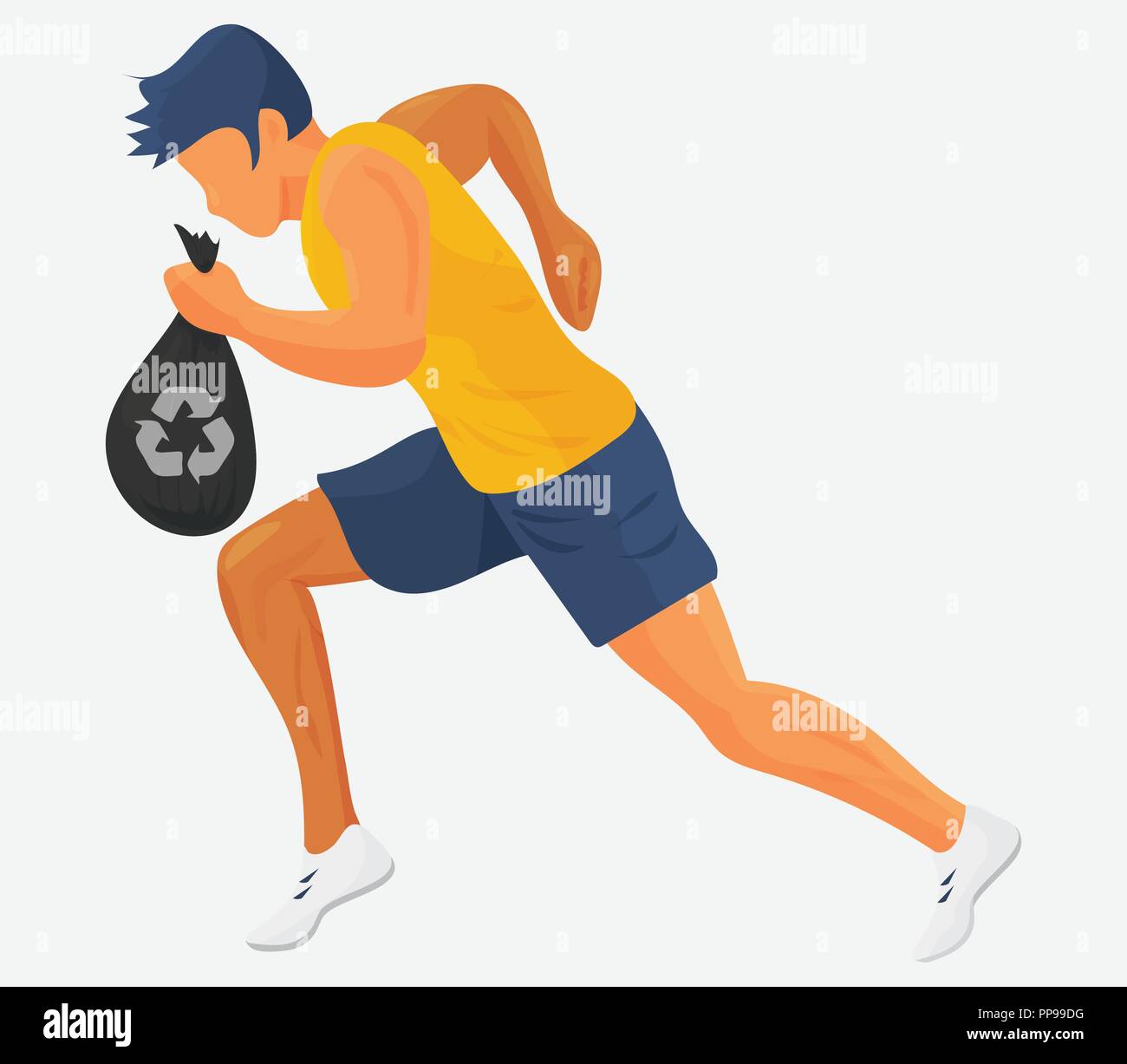 Plogging illustrazione vettoriale: esecuzione di atleta con un sacco di immondizia og o cestino. Runner con un sacco di immondizia plogging o rifiuti di pulizia isolato. Illustrazione Vettoriale