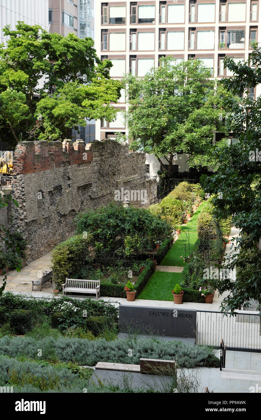 Vista verticale della struttura archeologica del muro romano dal Salters' Hall Garden nella City di Londra in agosto estate City of London UK KATHY DEWITT Foto Stock