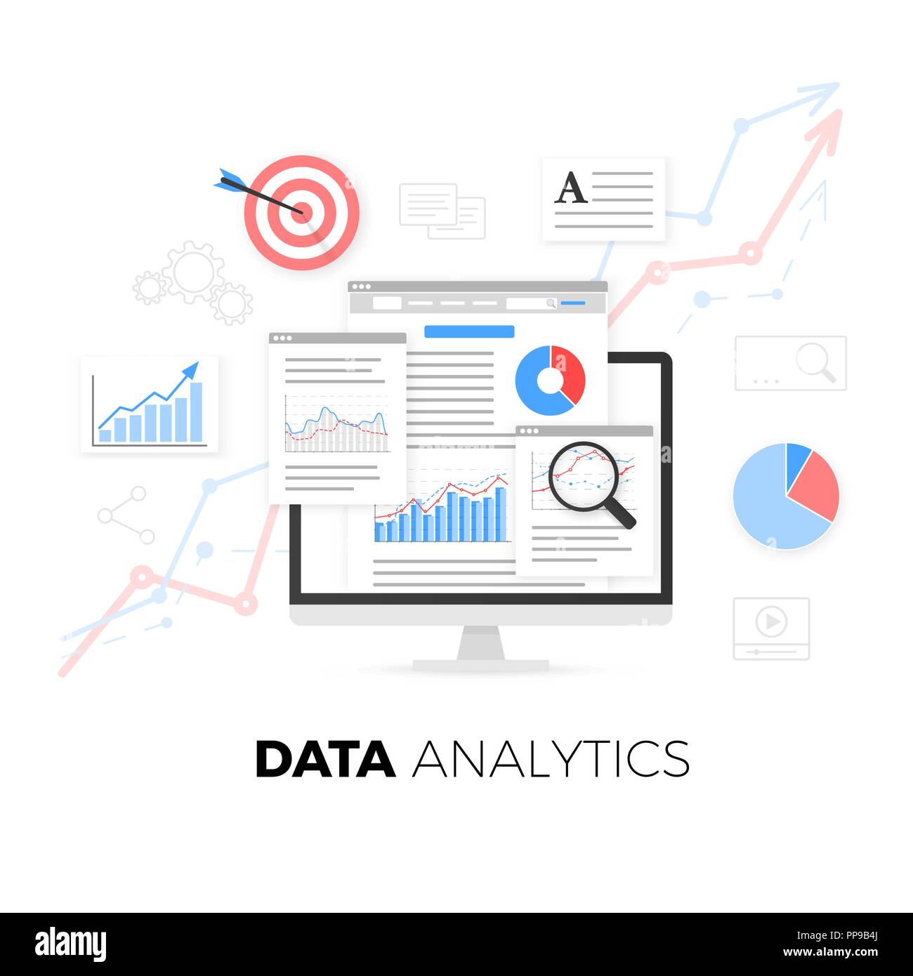 Analisi di dati e di informazioni sullo sviluppo web Statistica del sito web. Illustrazione Vettoriale Illustrazione Vettoriale