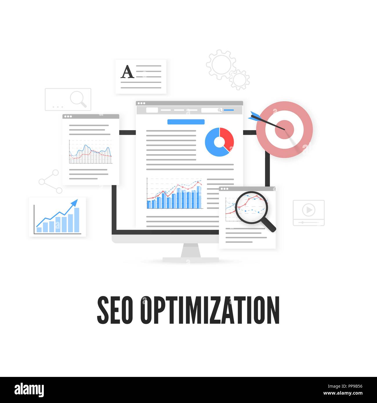 Ottimizzazione SEO concetto. Web analytics design. Ottimizzazione per i motori di ricerca. Illustrazione Vettoriale Illustrazione Vettoriale