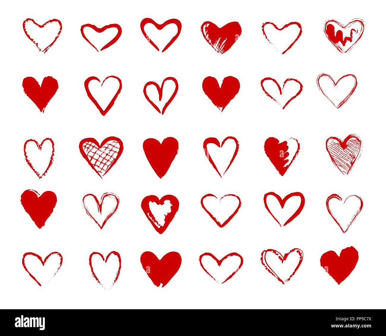 Cuori disegno. Vettori valentines cuore forme icone vettoriali, amorevole hearted incantevole handdrawn red segni isolati su sfondo bianco Illustrazione Vettoriale