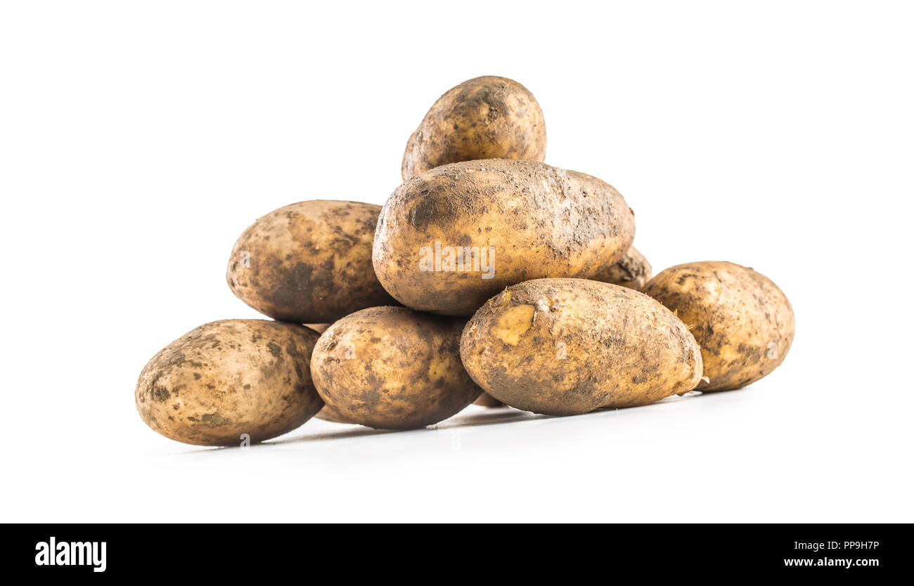 Mature patate sporche isolati su sfondo bianco. Foto Stock