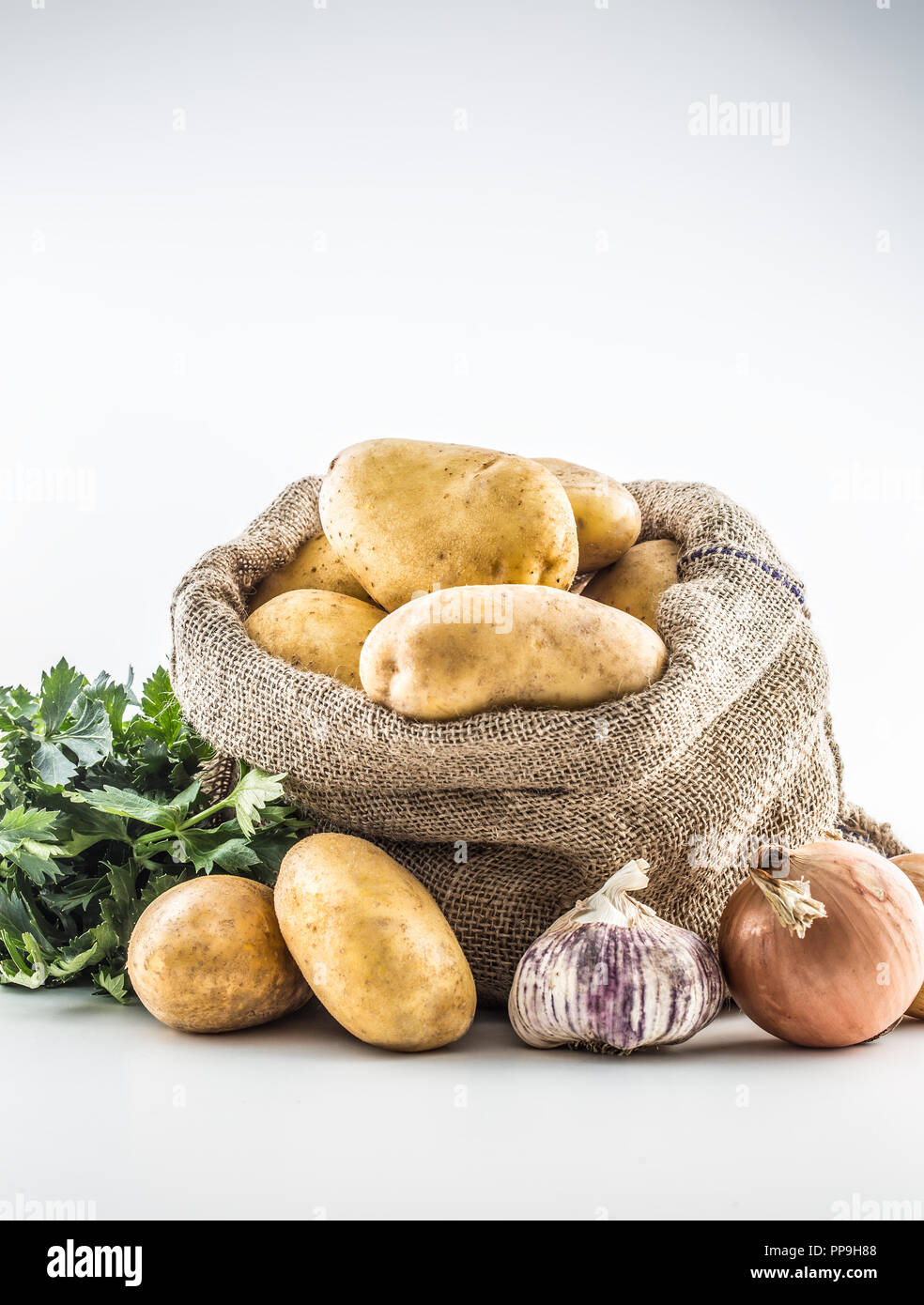 Patate mature nel vecchio sacco da foglie di sedano cipolla e aglio isolati su sfondo bianco. Foto Stock