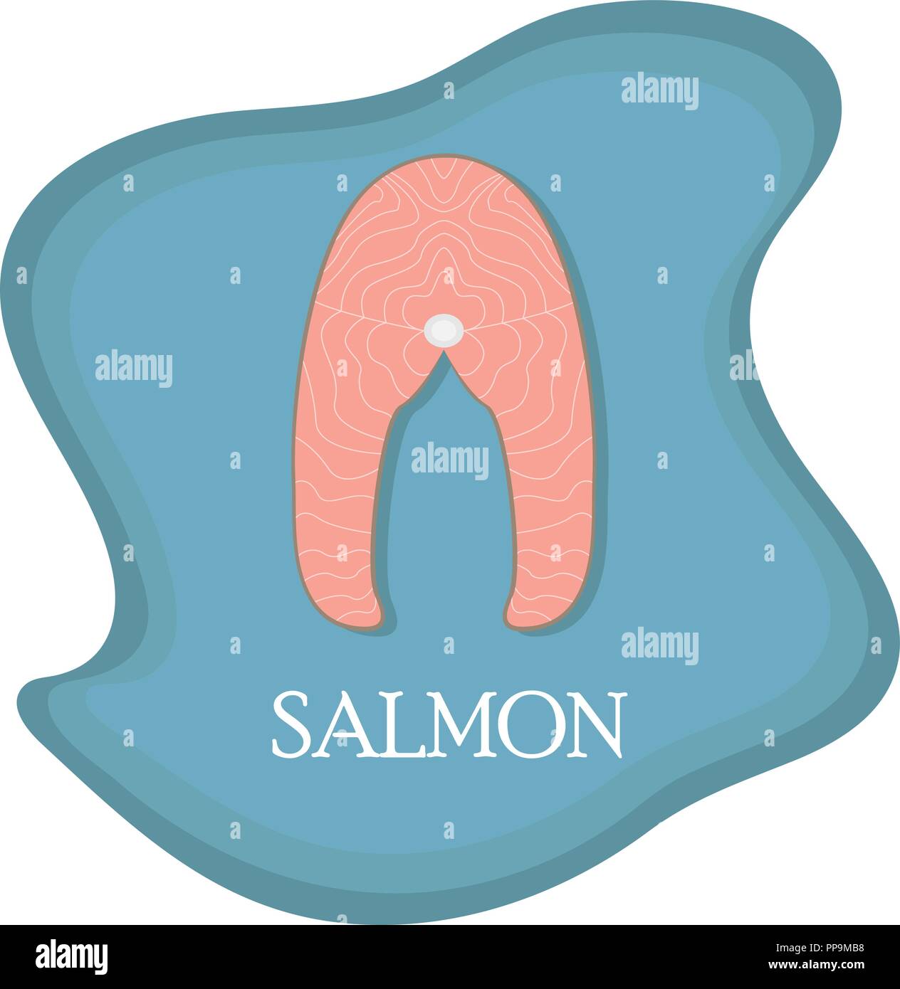 Illustrazione piatta di una deliziosa bistecca di salmone su sfondo blu. Uno stile piatto vettore. Illustrazione Vettoriale