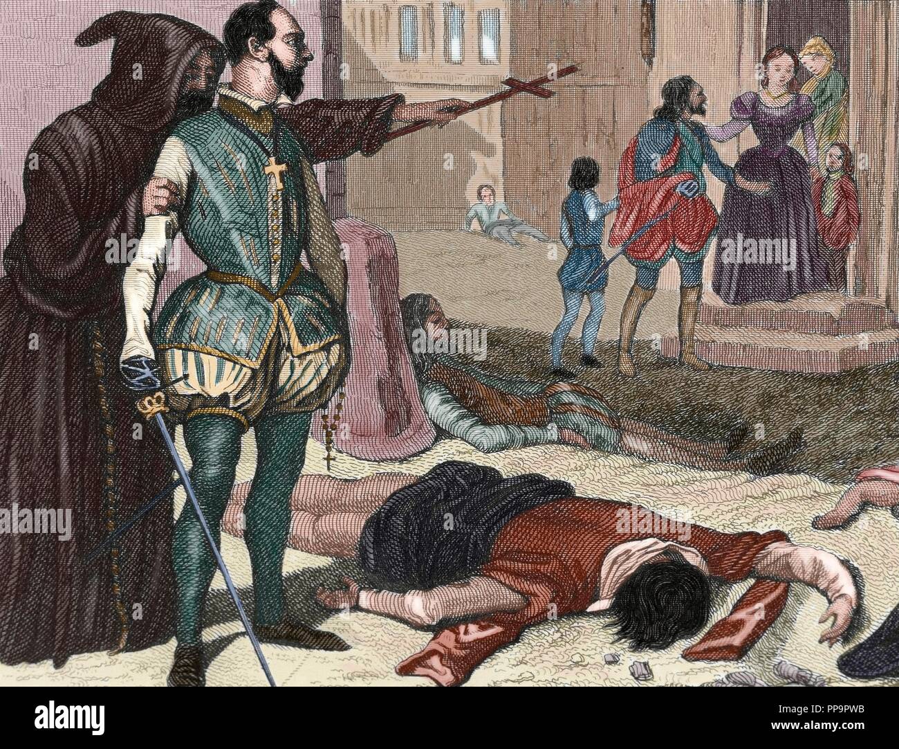 La Francia. Il francese guerre di religione. San Batholomew giorno del massacro, 1572. Gli assassinii di cattolica violenze contro ugonotti Francesi protestanti calvinista. Incisione. Xix secolo. Colorati. Foto Stock