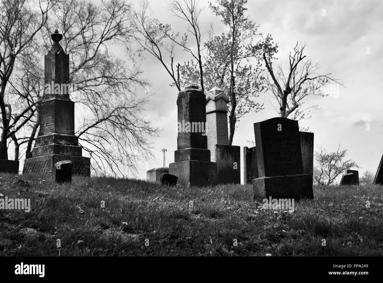 Molto vecchie coperte di muschio statua / lapide in un cimitero Foto Stock