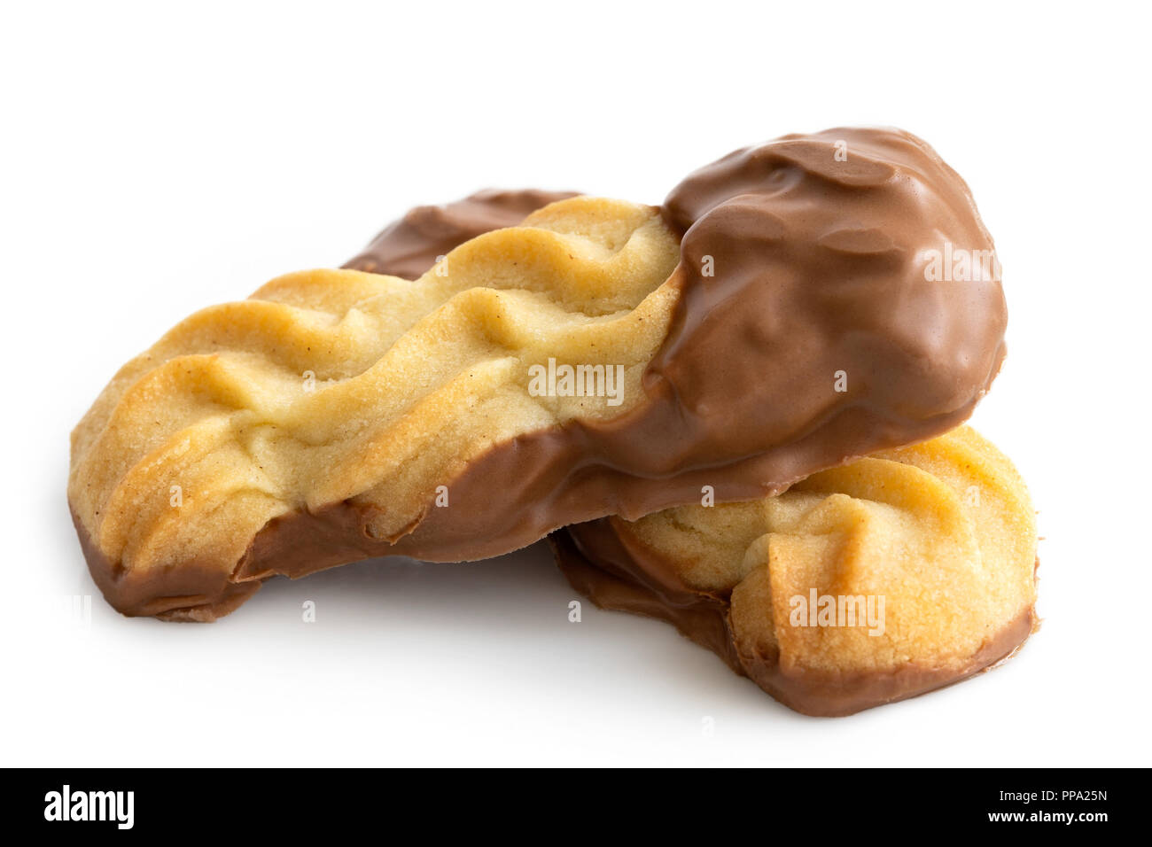 Due viennese di cioccolato al latte immerso dita isolato su bianco. Foto Stock