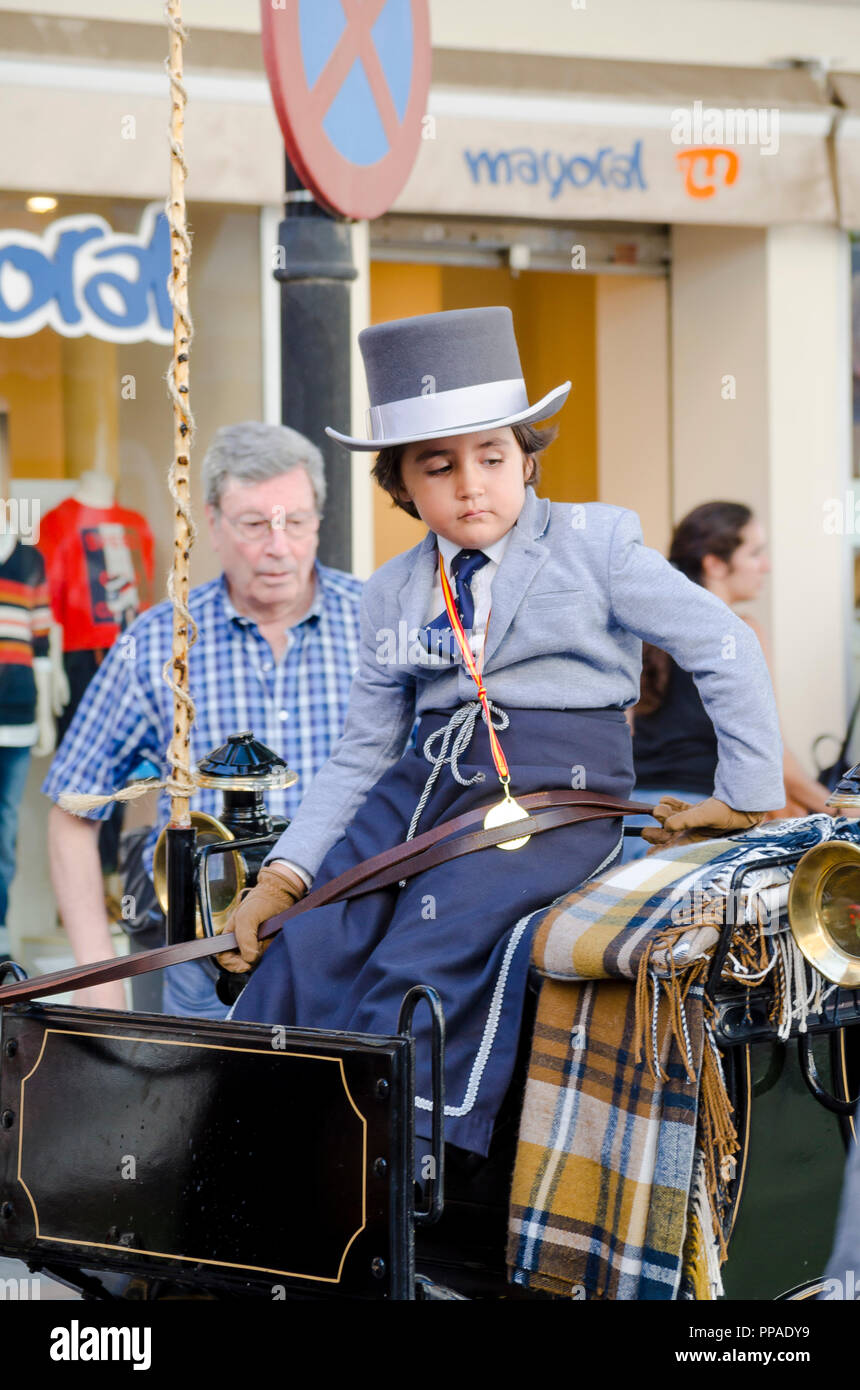 Ragazzo, classico costume spagnolo La guida carrello del cavallo, celebrazione, evento, Fuengirola, Andalusia, Spagna Foto Stock