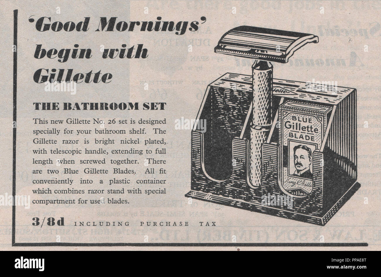 Gillette lame da rasoio vintage annuncio rivista con la linea di cinghia di buon mattino iniziano con Gillette, la pubblicità di un bagno set di rasatura pubblicato ad ottobre 1946 Foto Stock