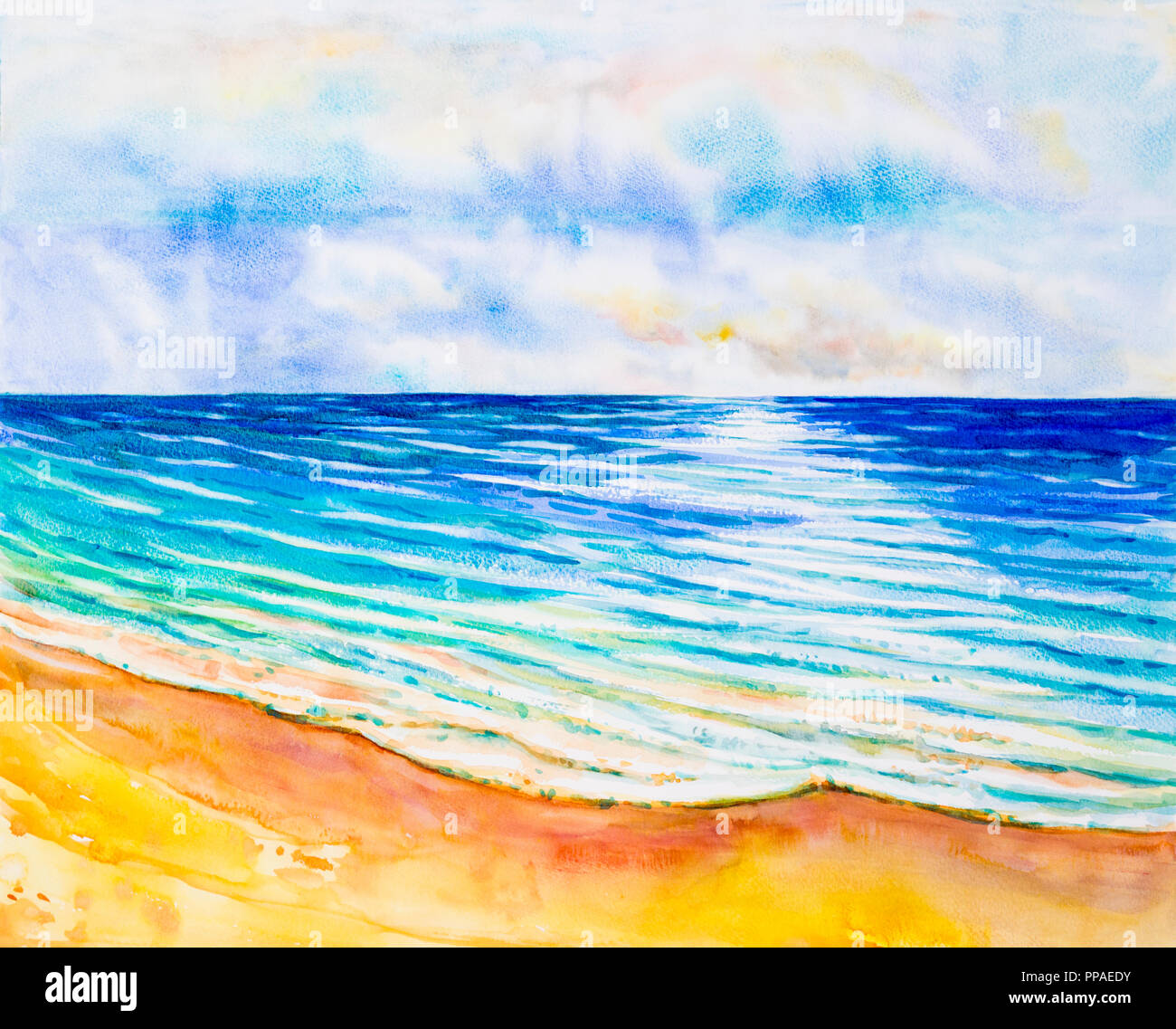 Acquerello seascape dipinto originale colorato di vista mare, la spiaggia e il cielo,Sfondo nuvola al mattino luminoso e la bellezza della natura stagione. Dipinto di Impress Foto Stock
