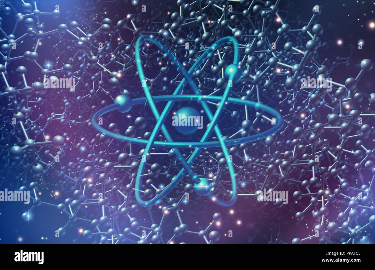 La fisica quantistica scienza simbolo come forme astratte che rappresentano elementi microscopici come 3D'illustrazione. Foto Stock