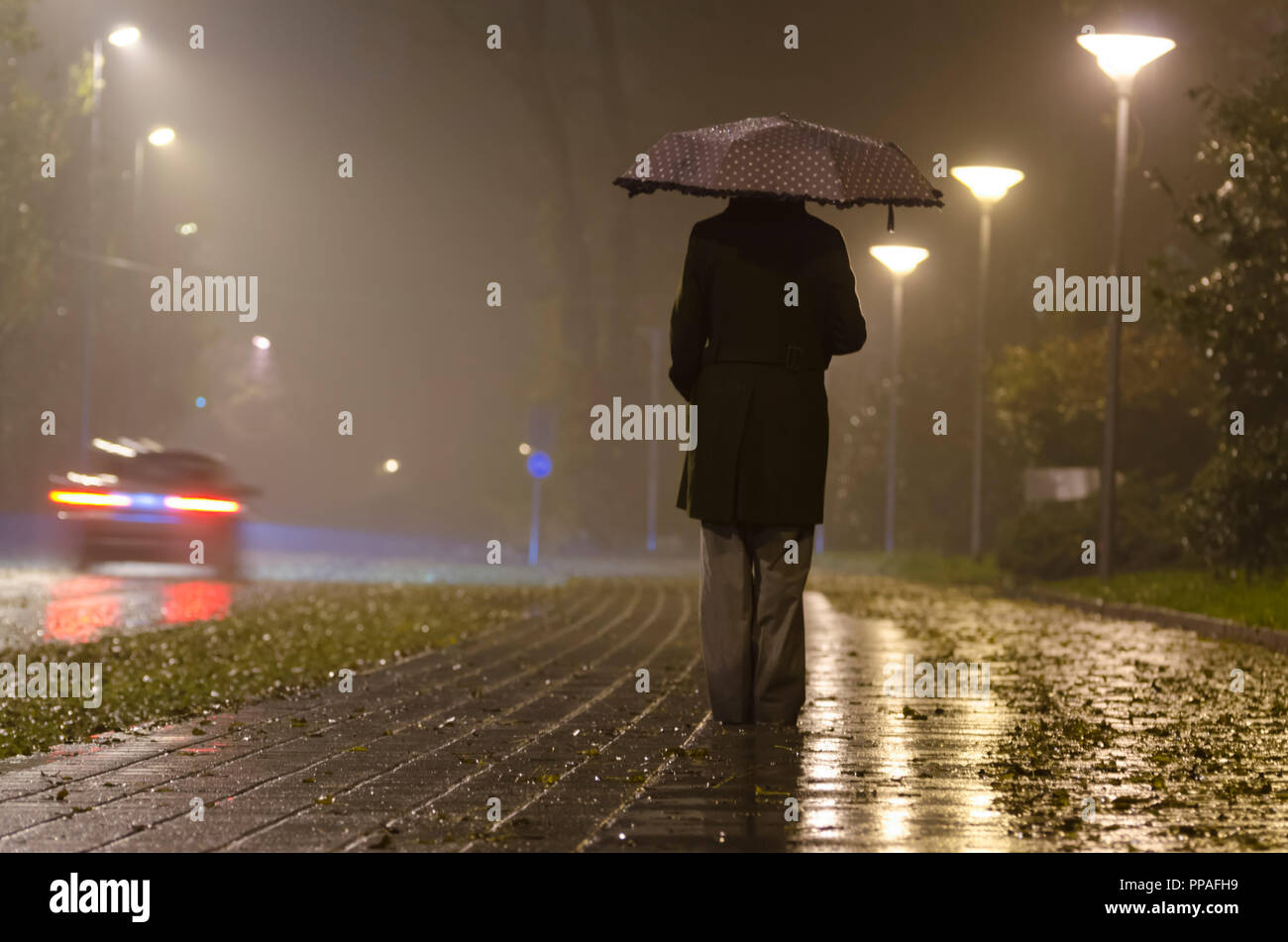 Donna che cammina sulla strada con un ombrello in una notte piovosa con la nebbia e il traffico a Locarno, Svizzera. Foto Stock