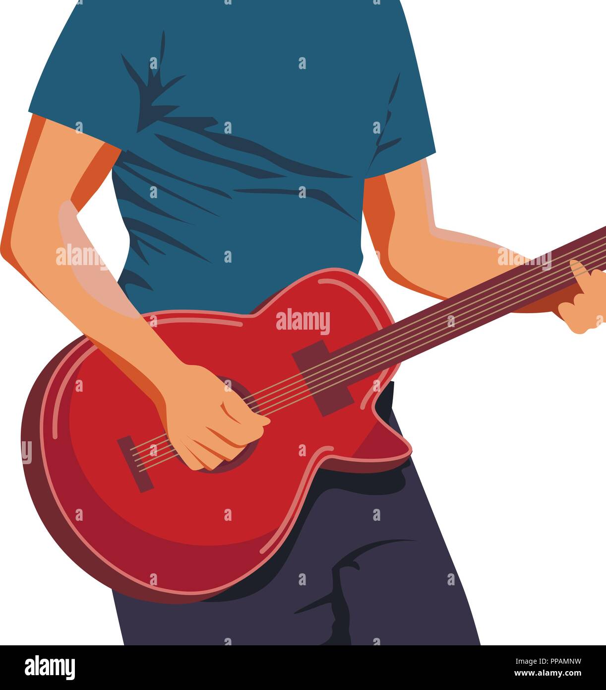 Illustrazione Vettoriale delle mani playing marrone chiaro chitarra acustica. Close up, blu-verde, sfondo formato orizzontale. Illustrazione Vettoriale