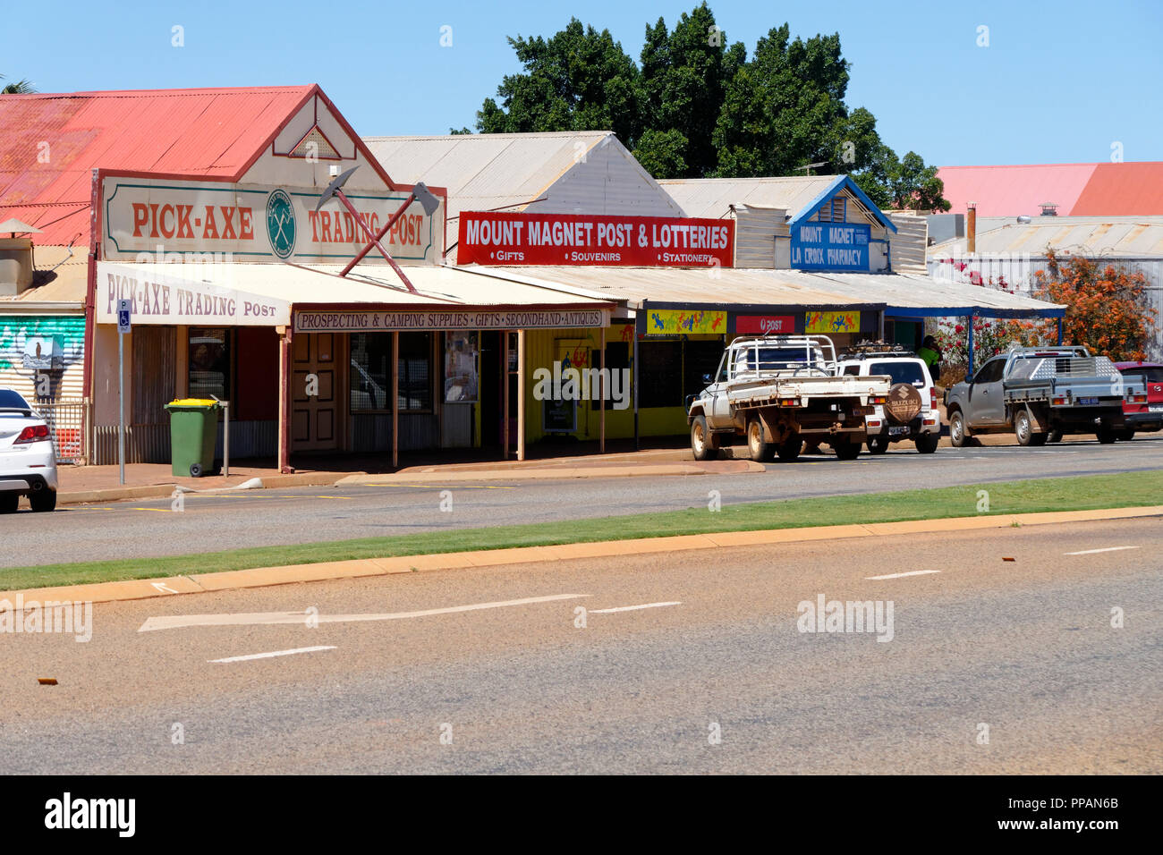 Australian Gold città mineraria di architettura e negozi, Monte Calamita, Murchison, Australia occidentale Foto Stock