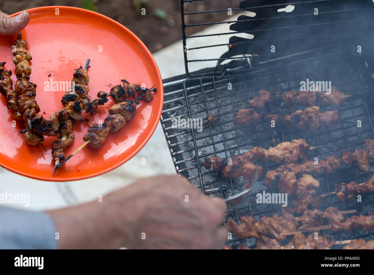 La raccolta di spiedini di pollo a pezzi da barbecue. Foto Stock