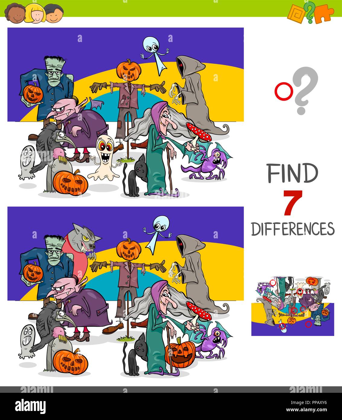 Illustrazione del fumetto di trovare dieci le differenze tra le immagini del gioco educativo per bambini con caratteri di Halloween Illustrazione Vettoriale