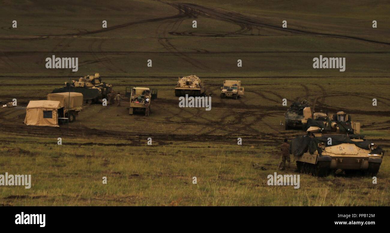 Soldati con 2° Battaglione, quinto reggimento di cavalleria attendere di essere chiamato per azione prima di un combinato di armi fuoco vivo esercizio a Vaziani Area Formazione, Georgia, Agosto 12, 2018. 2-5 CAV hanno partecipato partner nobile 18, un cooperativamente led di esercizio destinata a supportare e migliorare la disponibilità e l' interoperabilità della Georgia e altre nazioni partecipanti. Foto Stock