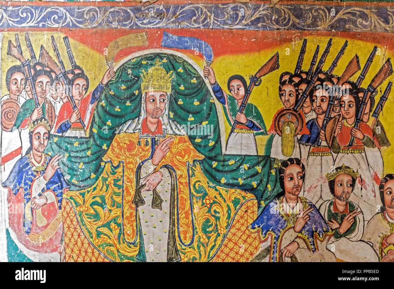 Più moderni affreschi con pistole, Ura-Kidane Miheret monastero, Zenge Penisola, Lago Tana, Etiopia Foto Stock