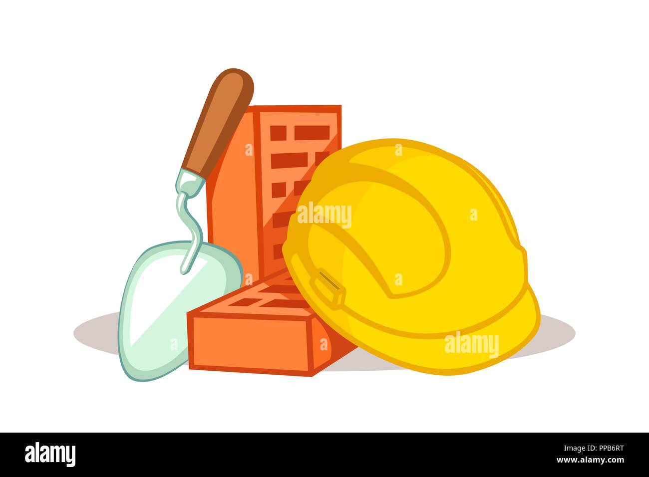 Strumenti di costruzione - cazzuola, mattoni e casco di sicurezza illustrazione vettoriale su sfondo bianco Illustrazione Vettoriale