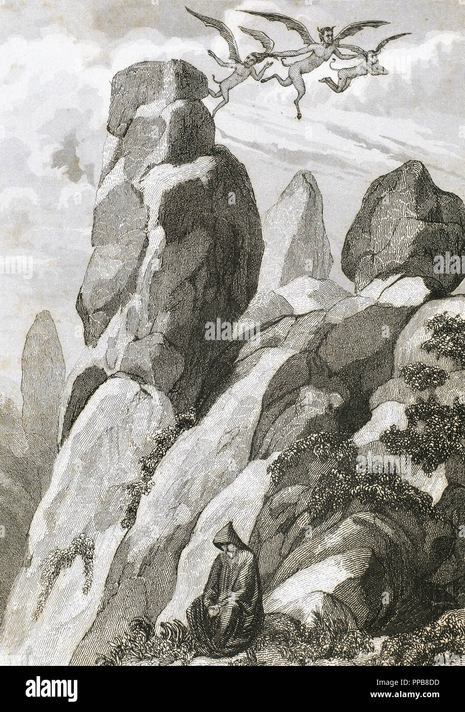 Leggenda di Fray Juan Garin, eremita di Montserrat. Fray Garin meditando sulla montagna di Montserrat. Provincia di Barcellona. La Catalogna. Spagna. Incisione del XIX secolo. Foto Stock