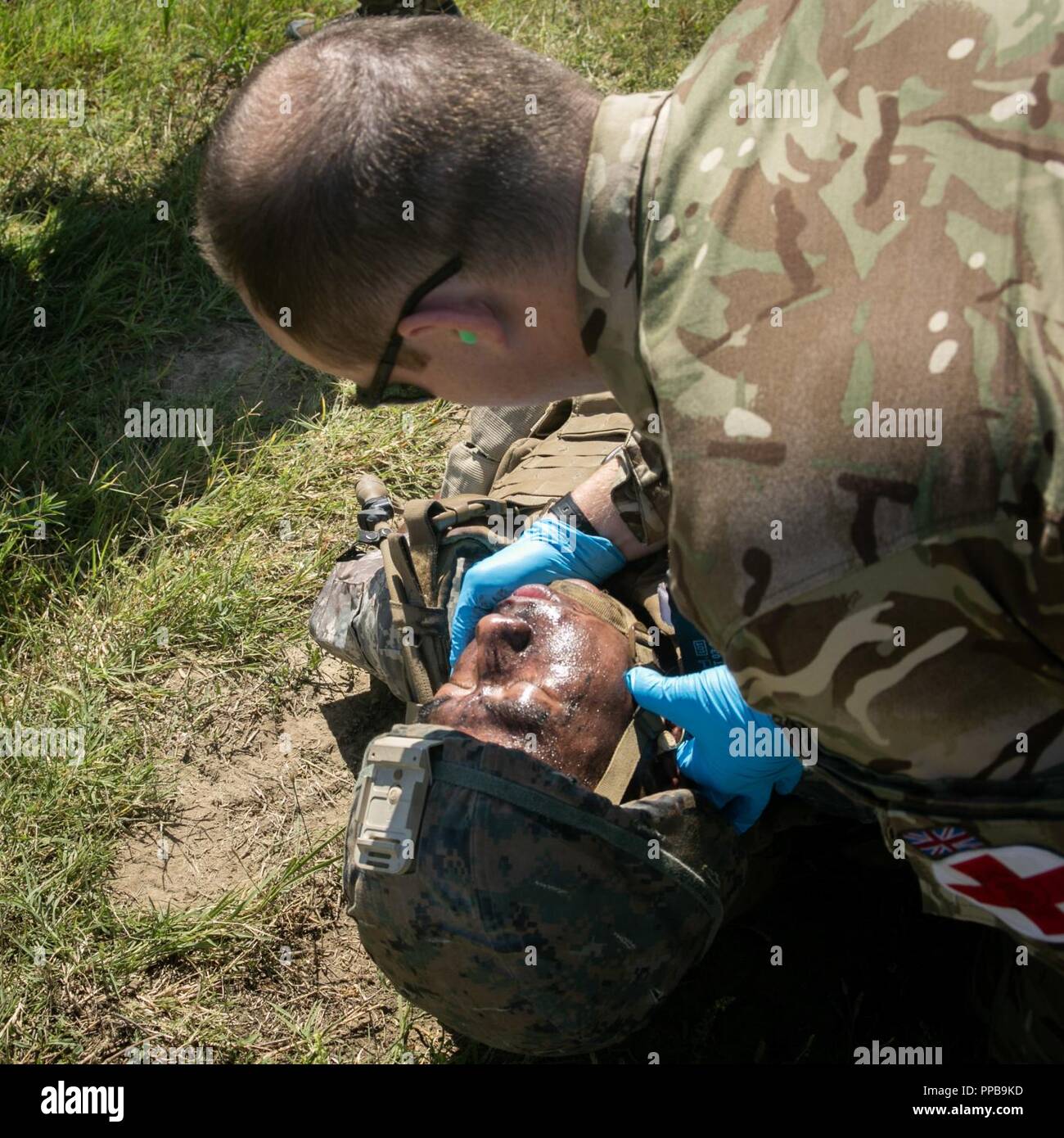 Un British Royal Air Force medic con British 135Expeditionary Air Wing triages un figurativamente feriti Marine con il Mar Nero La forza di rotazione 18.1 durante una evacuazione medica (MEDEVAC) trapano a Mihail Kogalniceanu Air Base, Romania, Agosto 16, 2018. La formazione simulato le MEDEVAC di figurativamente feriti Marines e civili, la convalida combinati, joint-integrated procedure mediche in caso di un incidente di massa incidente. Foto Stock