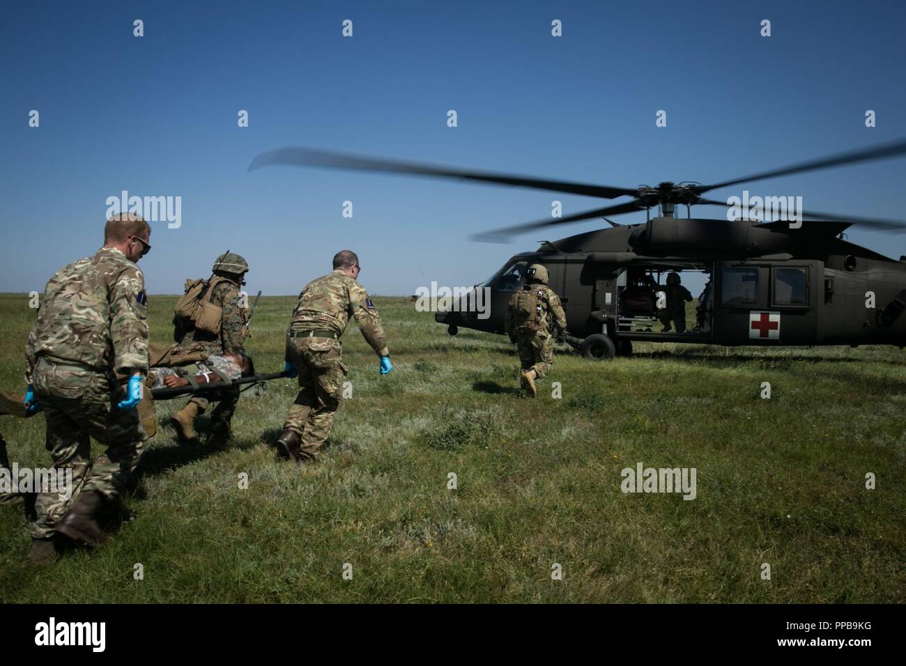 Royal Air Force britannica personale medico con il British 135Expeditionary Air Wing evacuare un figurativamente feriti Marine con il Mar Nero La forza di rotazione 18.1 a U.S. Esercito HH-60 Black Hawk elicottero durante una evacuazione medica (MEDEVAC) trapano a Mihail Kogalniceanu Air Base, Romania, Agosto 16, 2018. La formazione simulato le MEDEVAC di figurativamente feriti Marines e civili, la convalida combinati, joint-integrated procedure mediche in caso di un incidente di massa incidente. Foto Stock