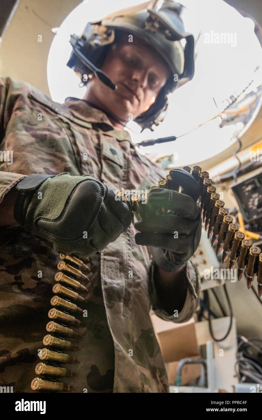Stati Uniti Army Spc. Arthur Bach, a Parigi, Tennessee nativo e armor crewman assegnato alla Task Force Raider carico 7,62 mm giri su un M1 Abram serbatoio durante un pre-distribuzione esercizio di formazione a Fort Hood in Texas, 18 agosto. Task Force Raider è la distribuzione sotto il funzionamento Atlantic risolvere, che è una dimostrazione di continuato impegno degli Stati Uniti per la sicurezza collettiva attraverso una serie di azioni destinate a rassicurare gli alleati della NATO e partner degli Stati Uniti la dedizione per una pace durevole e la stabilità nella regione. ( Foto Stock