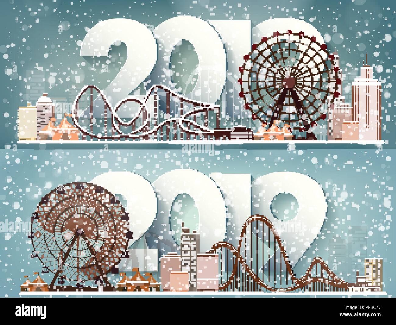 2019. Roller Coaster.inverno il paesaggio urbano. Città con la neve. Natale e Anno Nuovo. Paesaggio urbano. Edifici.illustrazione vettoriale.scritte. Illustrazione Vettoriale