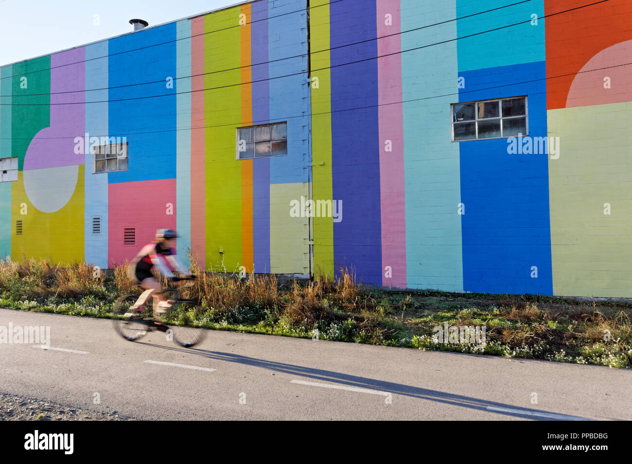 In rapido movimento di ciclista passando da un colorato parete dipinta sul Arbutus Greenway, Kitsilano, Vancouver, BC, Canada Foto Stock