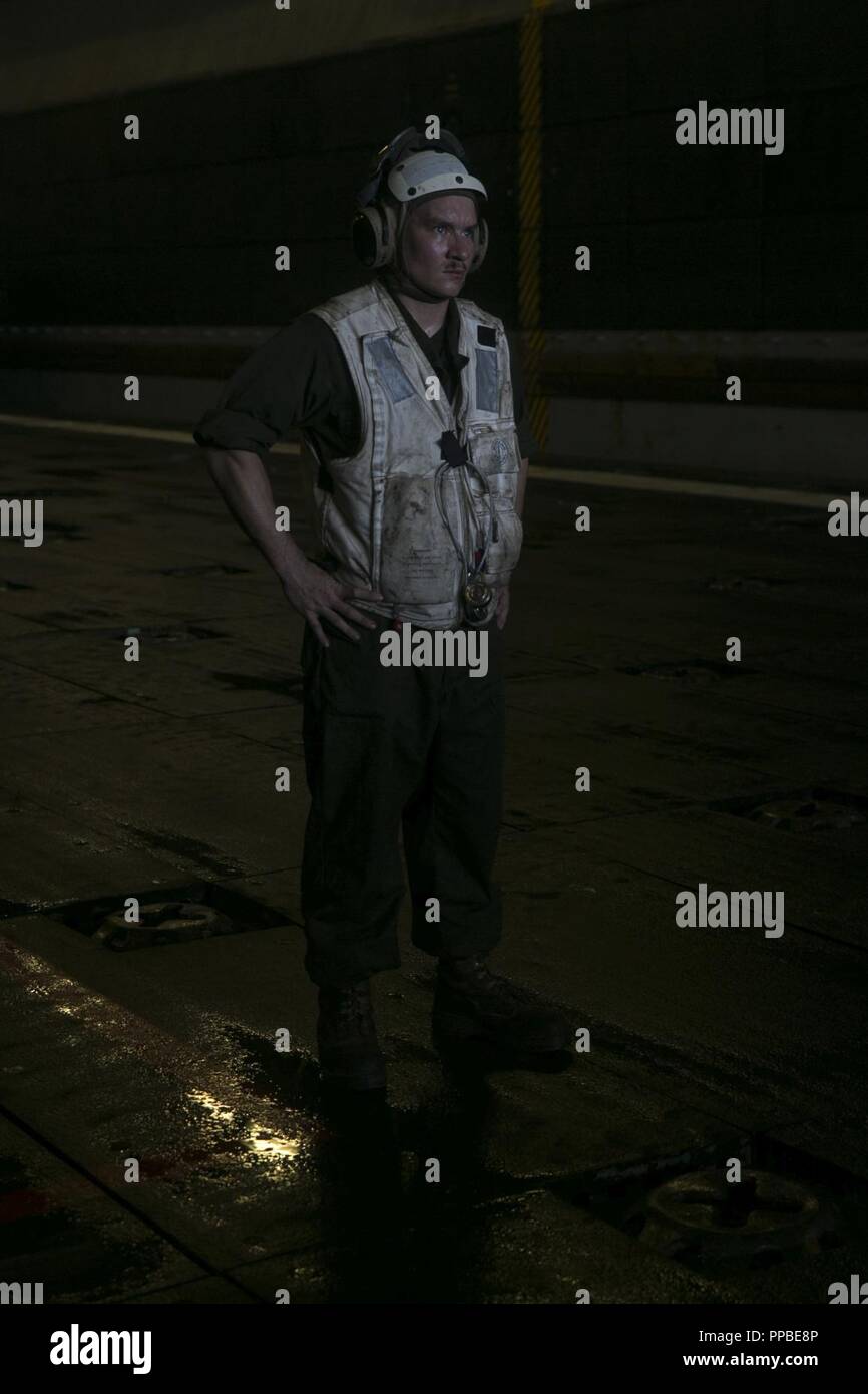 Cpl. Vale la pena di Matteo, un combattimento cargo Marine con il trentunesimo Marine Expeditionary Unit, scarica le forniture provenienti da una Landing Craft, cuscino d'aria hovercraft a bordo dell'assalto anfibio nave USS Wasp (LHD 1) mentre è in corso nell'Oceano Pacifico, 24 agosto 2018. Vale la pena, nativo di Ada, Oklahoma, graduata alta scuola maggio 2010; ha arruolato in Marine Corps' Giugno 2016. Marines con CLB-31, la logistica elemento di combattimento permanentemente assegnato al trentunesimo Marine Expeditionary Unit, LCAC facilitate le operazioni di imbarco ingranaggio critico e i materiali di consumo. Il trentunesimo MEU, il Marine Corps' solo in continuo in avanti-deploye Foto Stock