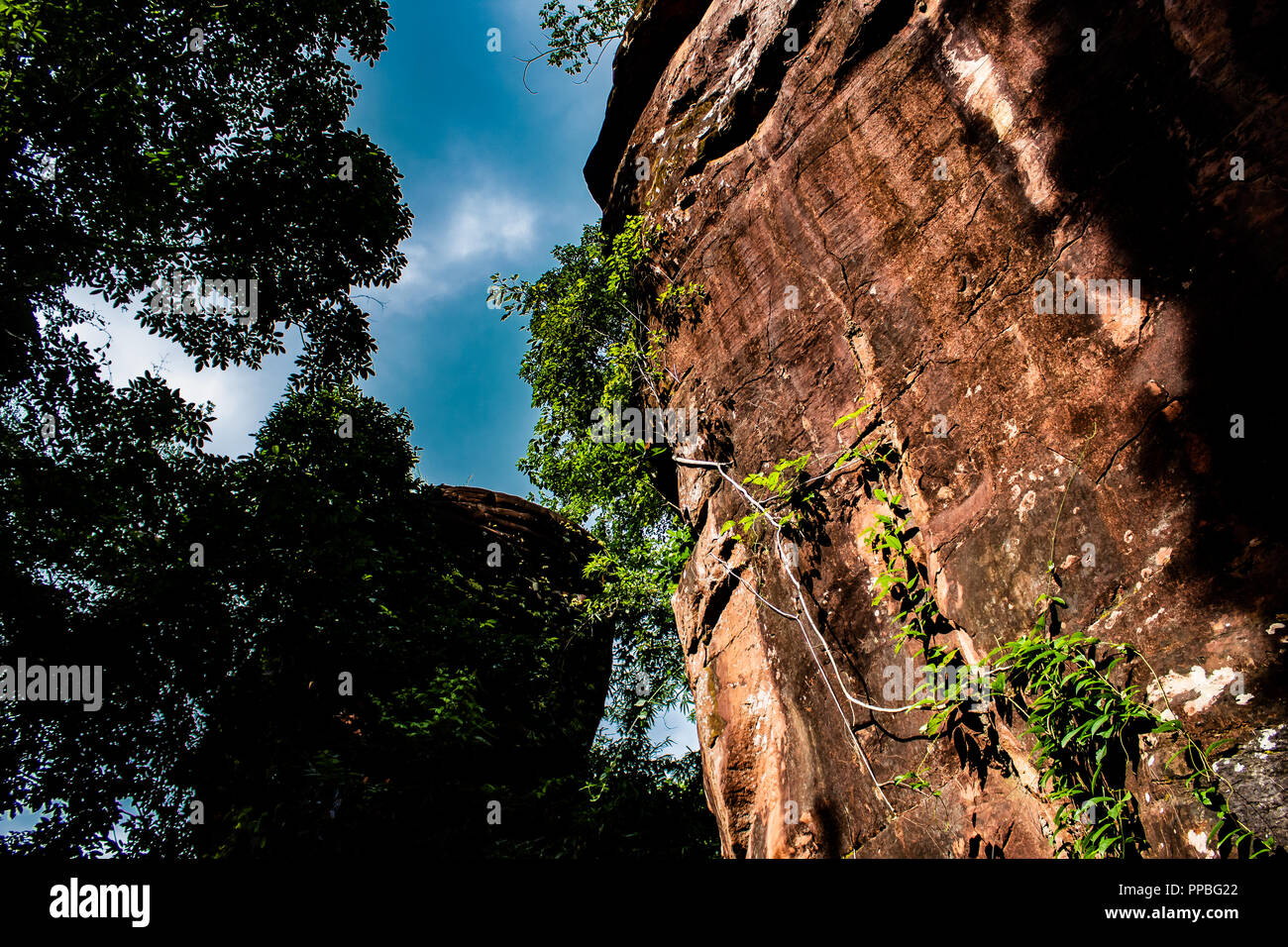 Avvisare sole risplende su di un pilastro di roccia la formazione di Phu cantare Parco Nazionale in Thailandia Foto Stock