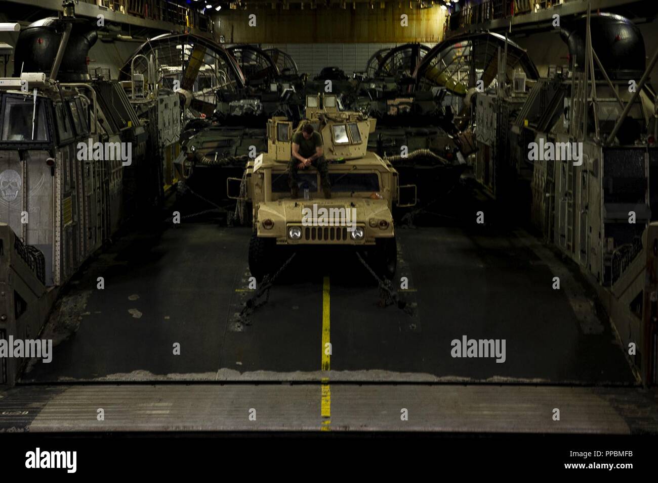 Un Marine con il Battaglione Team di atterraggio, 2° Battaglione, 5 Marines, sta di guardia a bordo di una Landing Craft, cuscino d'aria hovercraft all'interno del pozzo ponte dell'assalto anfibio nave USS Wasp (LHD 1), al largo di Okinawa, in Giappone, Agosto 25, 2018. Stati Uniti Navy LCACs trasportare Marines, marinai, ingranaggio, veicoli e attrezzature da ship-to-shore durante combinati Navy e Marine Corps le operazioni anfibie mentre in corso. BLT 2/5 è il combattimento a terra elemento attualmente assegnata al trentunesimo Marine Expeditionary Unit. Marines e marinai con il trentunesimo MEU compreso di un GCE, un elemento di comando, un combattimento aereo E Foto Stock