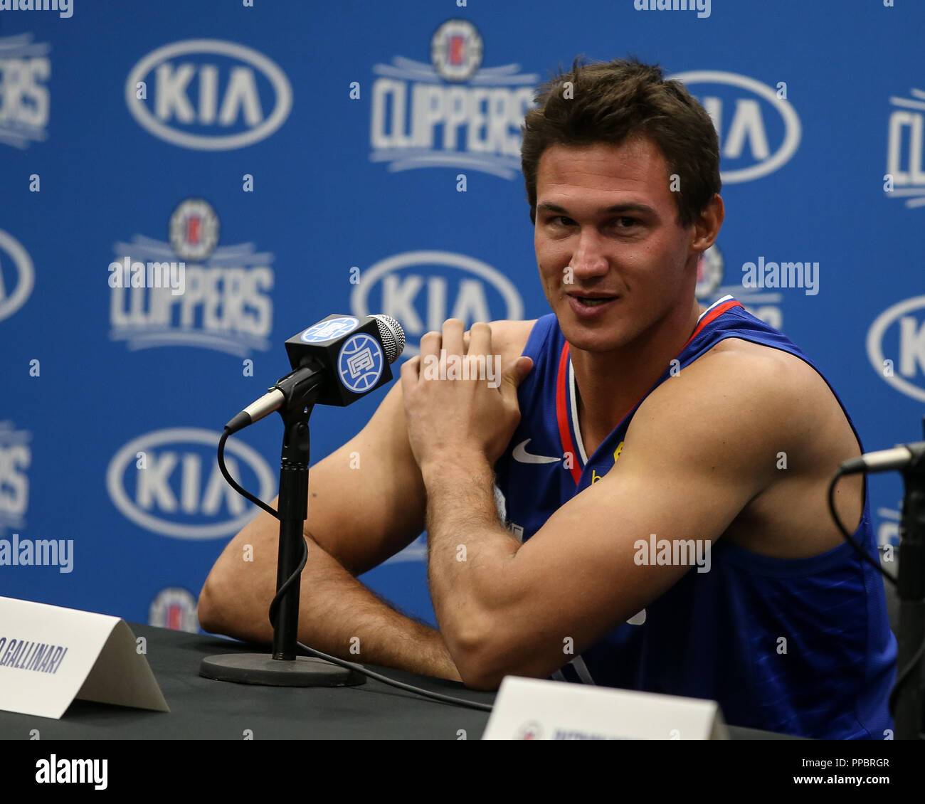 Los Angeles, CA, Stati Uniti d'America. 24Sep, 2018. LA Clippers avanti Danilo Gallinari (8) a Los Angles Clippers Media Day al centro di formazione il 24 settembre 2018. (Foto di Jevone Moore) Credito: csm/Alamy Live News Foto Stock