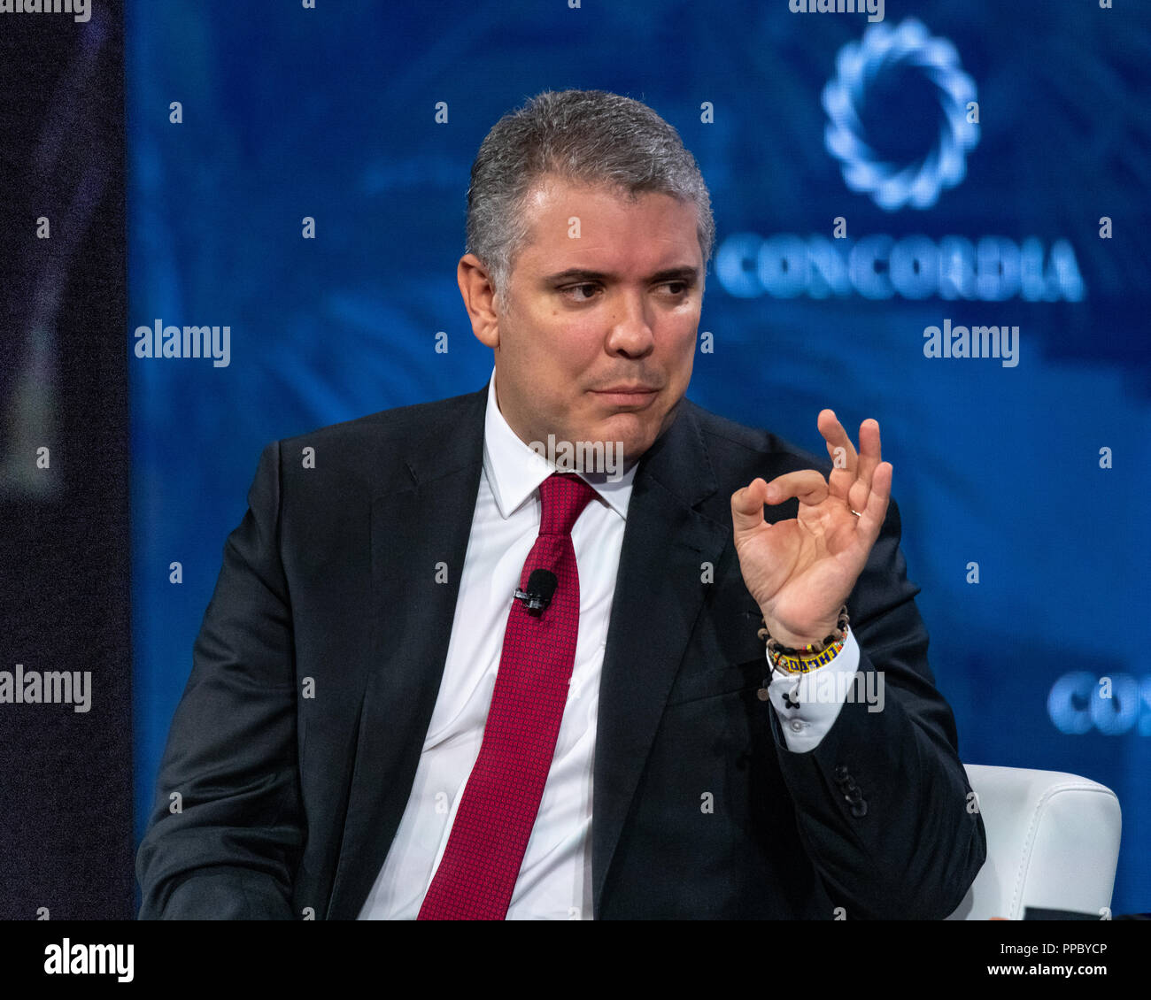 New York, Stati Uniti d'America, 24 settembre 2018. Il presidente colombiano Ivan Duque parla al vertice di concordia nella città di New York. Foto di Enrique Shore Credit: Enrique Shore/Alamy Live News Foto Stock