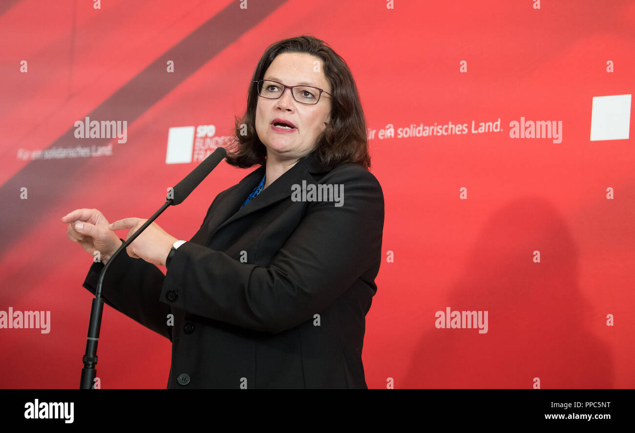 Berlino, Germania. Il 25 settembre 2018. Il 25 settembre 2018, Berlin: Andrea Nahles, presidentessa del DOCUP, ha parlato prima della riunione del gruppo parlamentare SPD nel Bundestag tedesco. Foto: Bernd von Jutrczenka/dpa Credito: dpa picture alliance/Alamy Live News Foto Stock