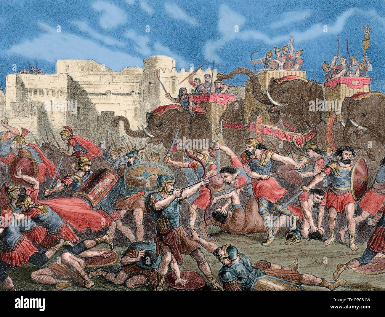 Spagna. Guerra Numantine (143-133 a.C.). La difesa di Numantia prima che le truppe del console Scipione Emiliano (185-129 a.C.) nell'assedio della città nel 133 A.C. Incisione colorata. Foto Stock