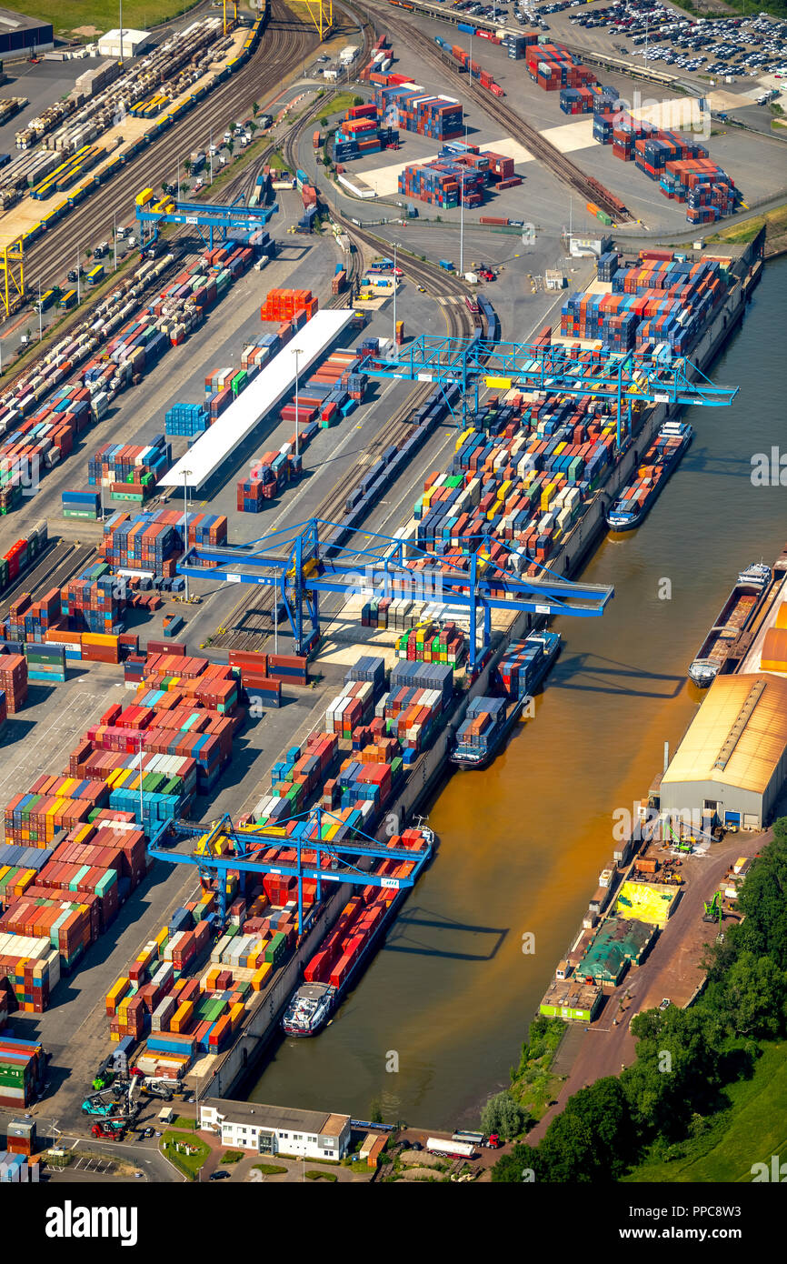 Vista aerea, contenitore a Duisburg porto sul Reno, posizione logistica Logport 1, container port, Rheinhausen, Duisburg Foto Stock