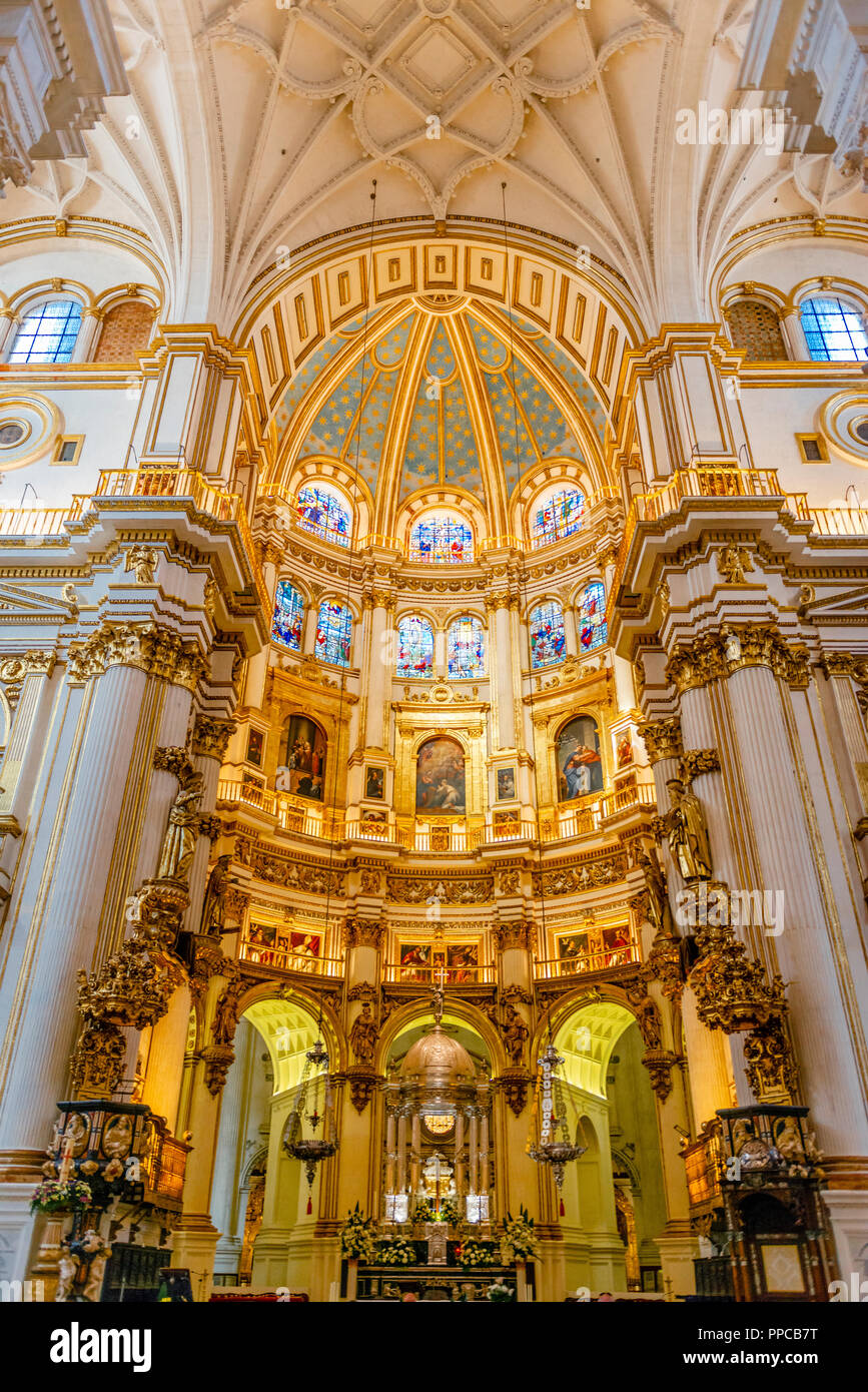 Cattedrale, interni bianchi e golden santuario, con soffitti stuccati, Catedral de Granada, Granada, Andalusia, Spagna Foto Stock