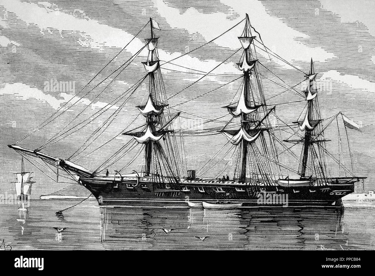 La guerra del Pacifico (1879-1883). Western America del Sud con la Bolivia e il Perù in parte anteriore del Cile come un belligerants. Corvette cilena "Esmeralda' incisione di Capuz. La Ilustracio_n_Espan ola y Americana, 1879. Foto Stock