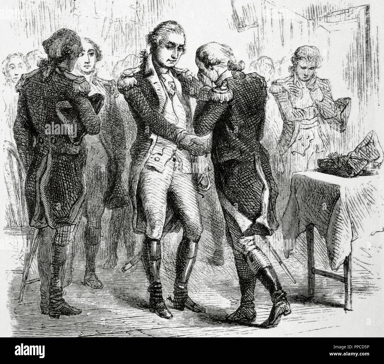 La guerra rivoluzionaria americana (1775-1783). George Washington addio ai suoi ufficiali a dicembre 4th, 1783 a dimettersi come comandante in capo dell'esercito continentale dopo di noi la vittoria. Incisione. Foto Stock