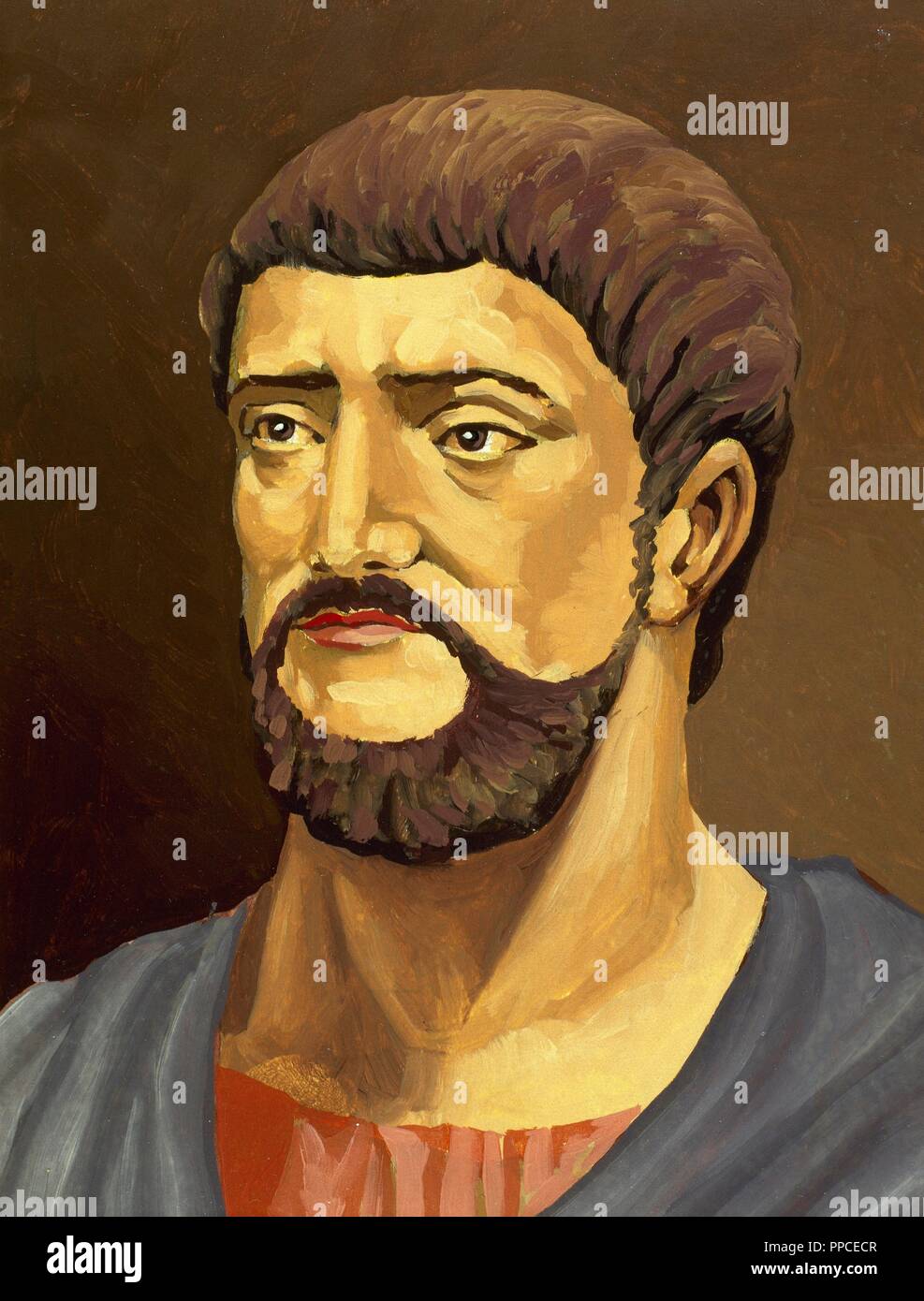 Alcibiades (450-404 a.C.). Uomo politico ateniese e un comandante militare. Disegno di Francisco Fonollosa, fine del XX secolo. La pittura ad acquerello. Foto Stock