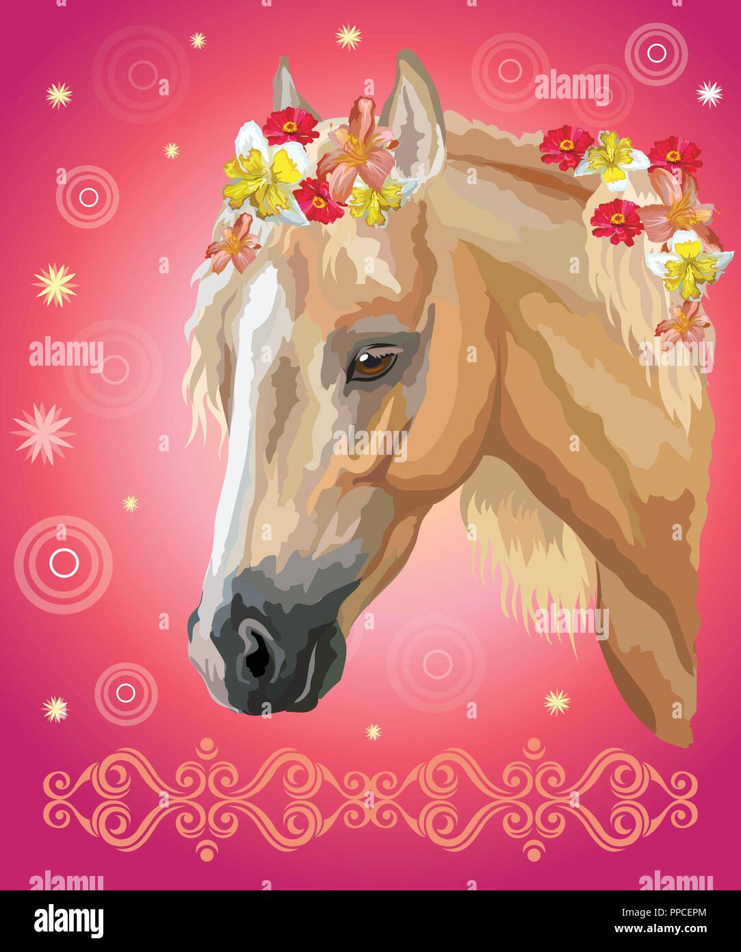Vettore illustrazione colorata. Ritratto di palomino cavallo con diversi  fiori in mane isolato rosa sul gradiente dello sfondo con ornamento  decorativo Immagine e Vettoriale - Alamy