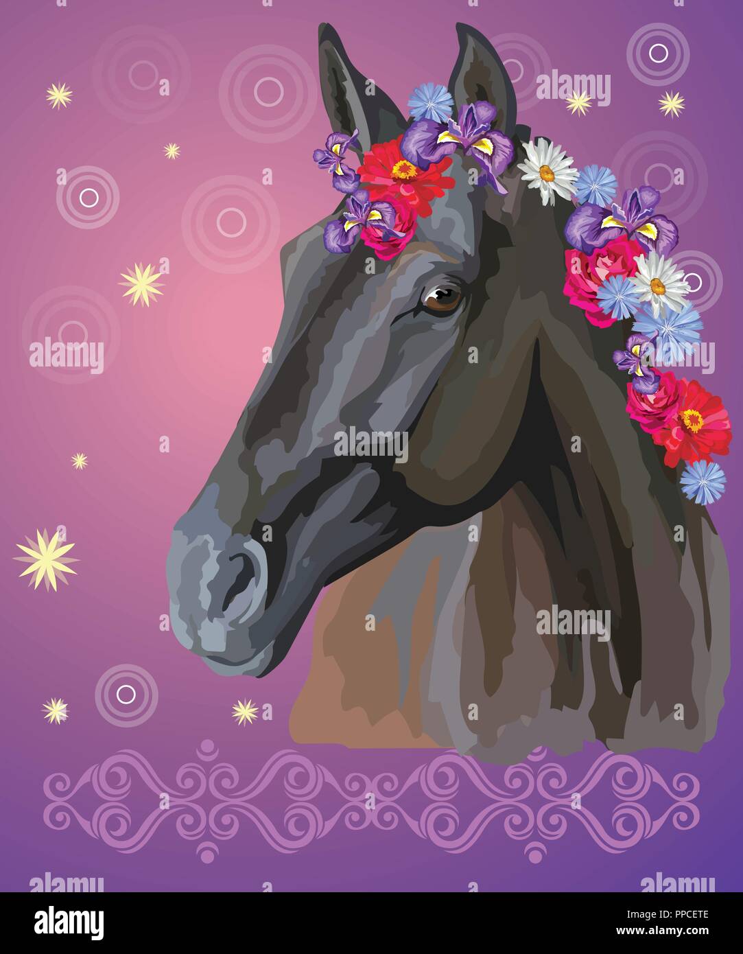 Vettore illustrazione colorata. Ritratto di cavallo nero con diversi fiori in mane isolato viola sul gradiente dello sfondo con decorazione a Illustrazione Vettoriale