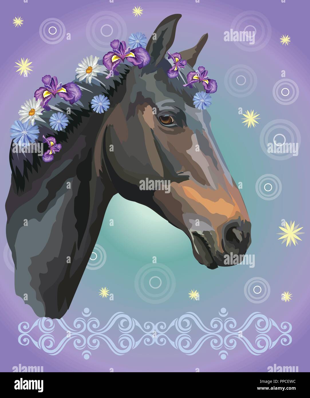 Vettore illustrazione colorata. Ritratto di cavallo nero con diversi fiori in mane isolato viola sul gradiente dello sfondo con decorazione a Illustrazione Vettoriale