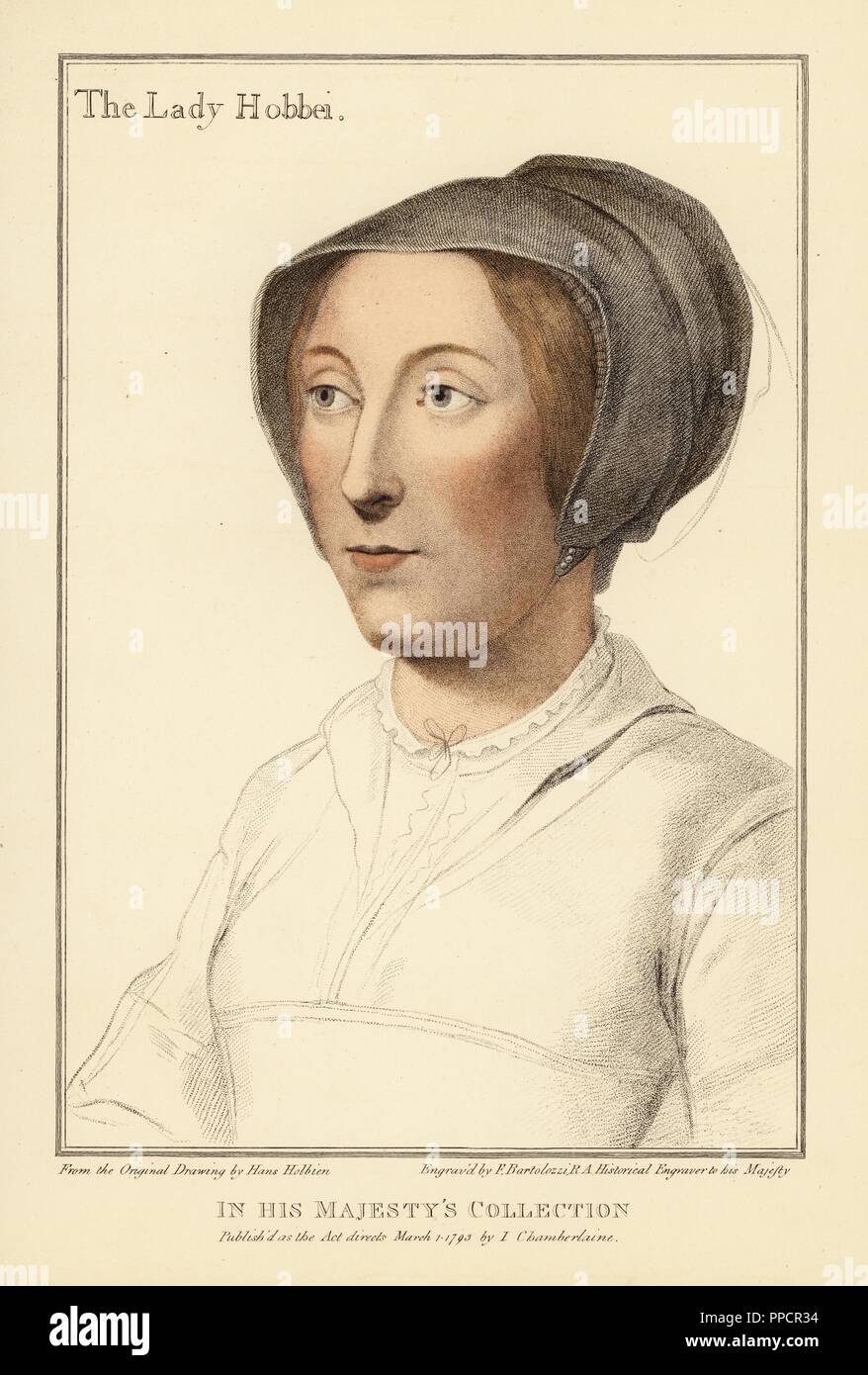 Elizabeth Cooke, Lady Hobby, moglie di Sir Thomas Hobby (d. 1596). Handcolored incisione su rame da Francesco Bartolozzi dopo Hans Holbein da facsimili di disegni originali di Hans Holbein, Hamilton, Adams, Londra, 1884. Foto Stock