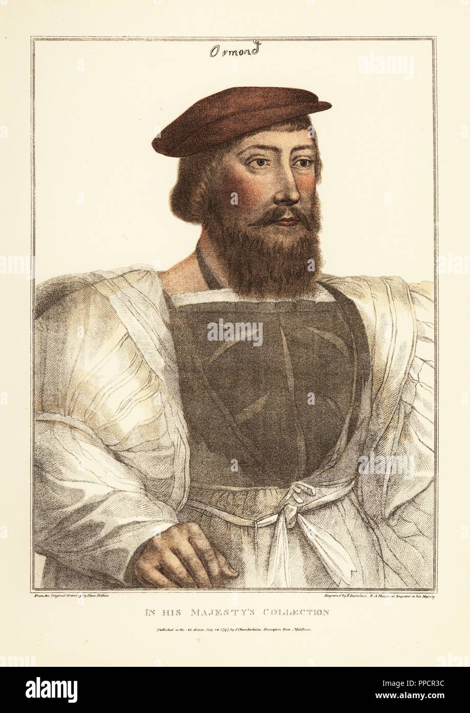 Thomas Boleyn, padre di Anne Boleyn, 1° Conte di Wiltshire, 1° Conte di Ormond, primo Visconte Rochford (c. 1477-1539), inglese diplomatico e politico. Identificato anche come James Butler, 9° Conte di Ormond e 2° Conte di Ossory. Handcolored incisione su rame da Francesco Bartolozzi dopo Hans Holbein da facsimili di disegni originali di Hans Holbein, Hamilton, Adams, Londra, 1884. Foto Stock