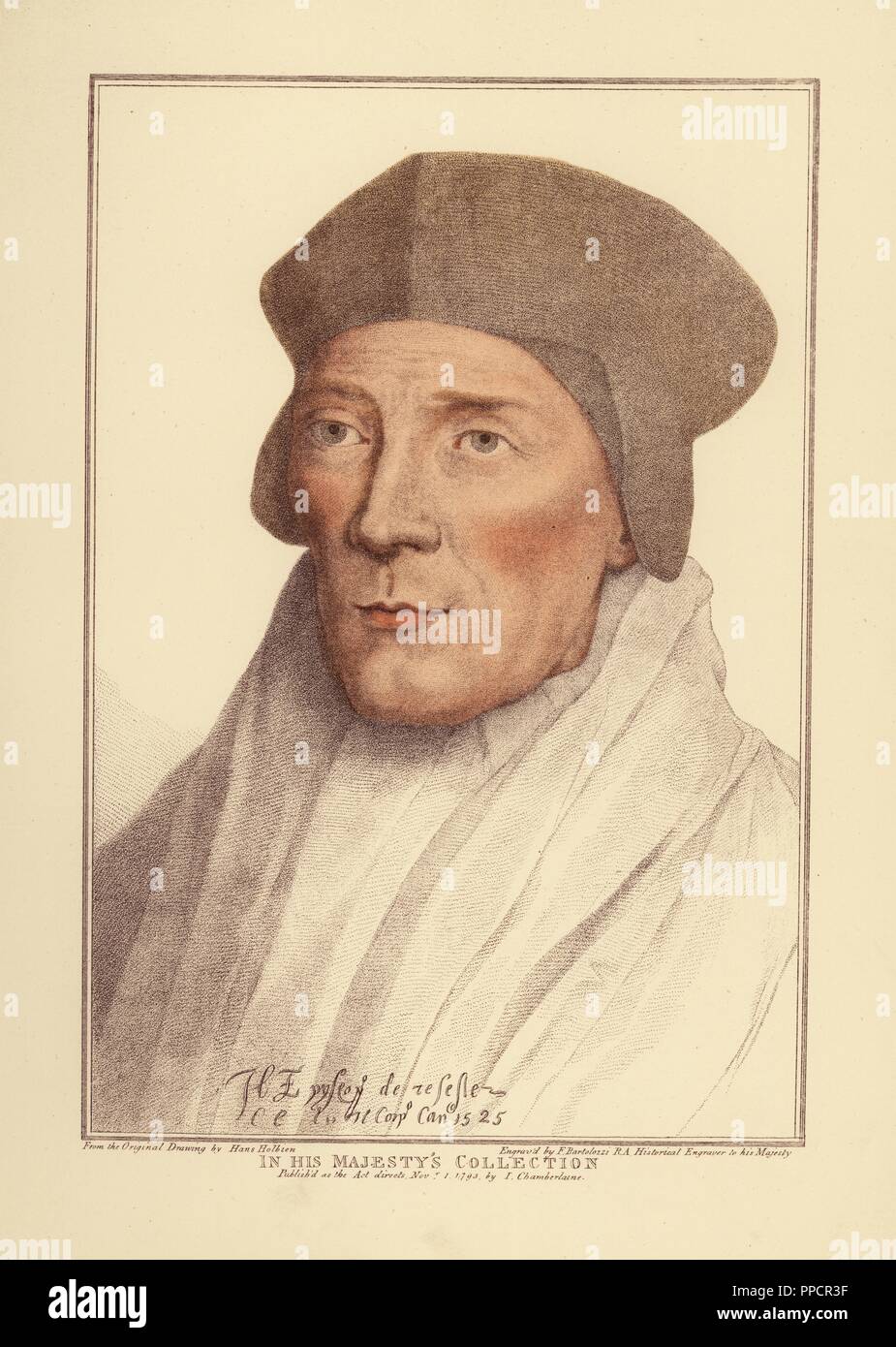 John Fisher, Vescovo di Rochester (1469-1535). Handcolored incisione su rame da Francesco Bartolozzi dopo Hans Holbein da facsimili di disegni originali di Hans Holbein, Hamilton, Adams, Londra, 1884. Foto Stock